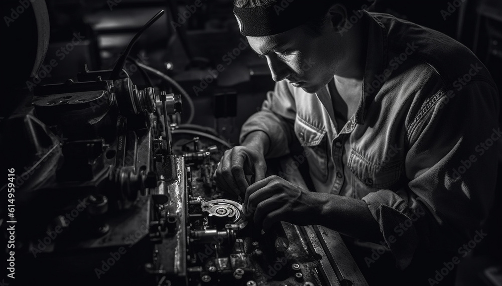 Aufkleber one skilled mechanic examining machinery with confidence in workshop generated by ai