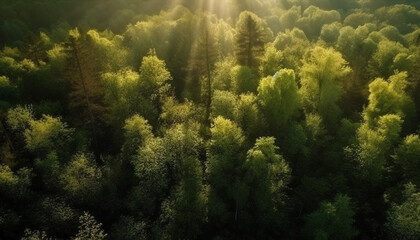 The tranquil scene of a foggy forest at dawn generated by AI