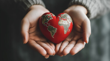 World heart day concept. Woman hands holding red heart with world map.