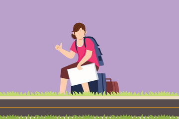 Cartoon flat style drawing beautiful woman with backpacks sitting near road and hitchhiking. Female thumbing or hitching ride. Adventure travel, road trip, tourism. Graphic design vector illustration