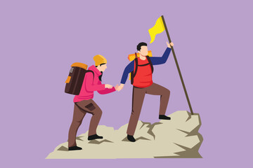 Cartoon flat style drawing young couple man and woman hikers tourists backpackers holding hands stand on hill with flag on mountains. Vacation trip recreation icon. Graphic design vector illustration