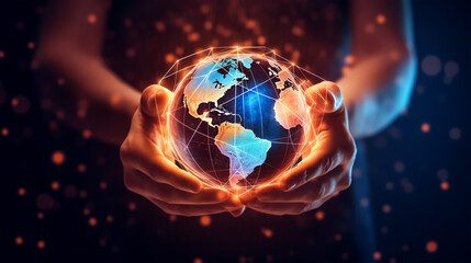 Close up of human hands holding Earth planet and connection lines