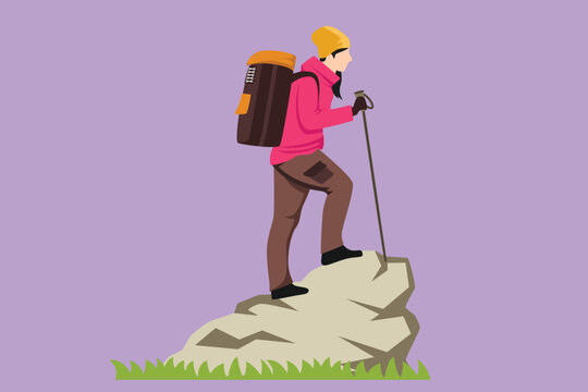 hiker climbing rock, pink jacket, purple background clip art preview