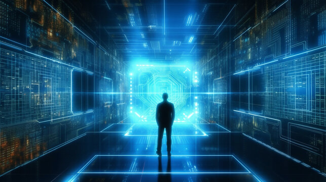 robotic person standing at the center of futuristic HI tech room background. AI and machine learning concept. generative AI 