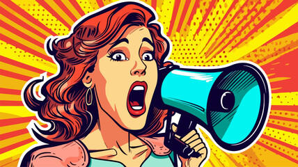 Cartoonized pop art comic style young woman carrying several shopping. Beautiful young woman carrying several shopping bags at a discount while screaming through megaphones.