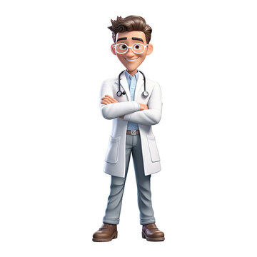 recommend clip art: 3D Happy cartoon doctor. Cartoon doctor on transparent background. Generative AI