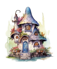 Fototapeta na wymiar Fairy House Watercolor Sublimation, Fairy House Watercolor Clipart Bundle, Generated AI 