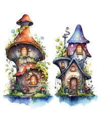 Fototapeta na wymiar Fairy House Watercolor Sublimation, Fairy House Watercolor Clipart Bundle, Generated AI 