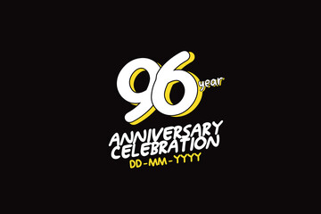 96th, 96 years, 96 year anniversary with white character with yellow shadow on black background-vector