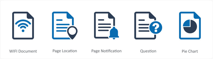 A set of 5 Document icons as wifi document, page location, page notification