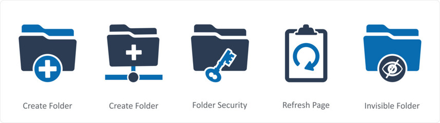 A set of 5 Document icons as create folder, folder security, refresh page