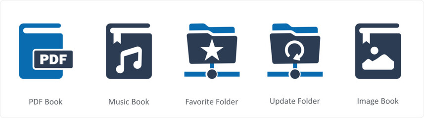 A set of 5 Document icons as pdf book, music book, favorite folder