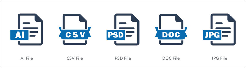 A set of 5 Document icons as ai file, csv file, psd file