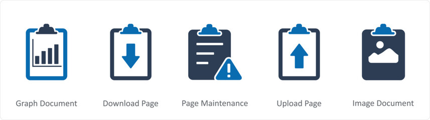 A set of 5 Document icons as graph document, download page, page maintenance  