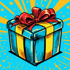 Gift Box Pop Art Retro Style Of Realistic Present With Ribbon And Bow On Dots Background Vector Illustration. A box with a gift. Illustration in pop art style. Comic style