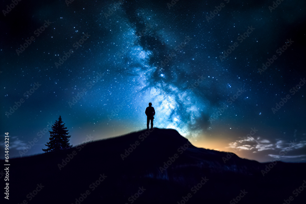 Wall mural silhouette of a man standing on top of a hill and looking at the milky way. generative ai