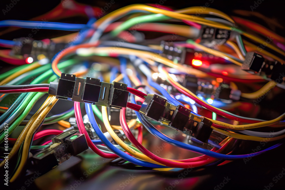 Poster colorful network cables on dark background. selective focus with shallow depth of field. generative 