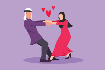 Graphic flat design drawing happy young man and beauty woman dancing on the floor at park. Romantic Arabian couple holding hands and spinning around at wedding party. Cartoon style vector illustration