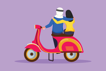 Character flat drawing back view of riders couple trip travel relax. Romantic Arab couple honeymoon moments with hugging. Man with woman riding scooter motorcycle. Cartoon design vector illustration