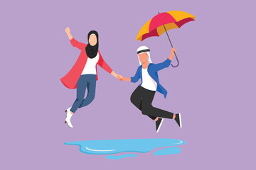 Graphic flat design drawing Arab couple in love walking under rain with umbrella. Man and woman walking and jumping on street. Married couple romantic relationship. Cartoon style vector illustration