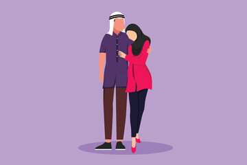 Cartoon flat style drawing young couple man and woman in love by hugging each other. Romantic Arabian couple in love spending time together outdoors. Happy family. Graphic design vector illustration