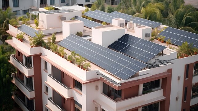 Solar panels on the roof of a modern apartment building