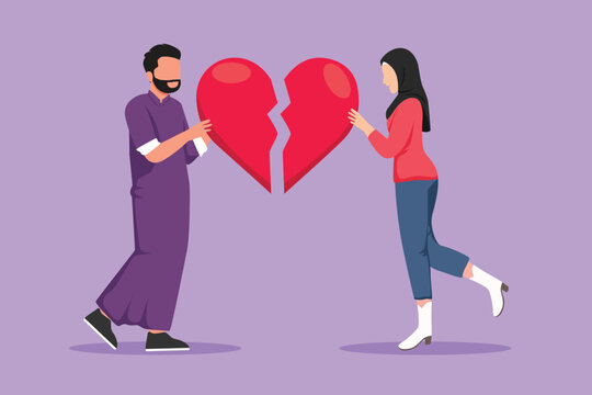 Cartoon Flat Style Drawing Lovers Broken Heart. Arab Man And Woman Pulled Apart Causing Each Other Feel Great Sorrow, Couple In Disagreement At End Of Relationship. Graphic Design Vector Illustration