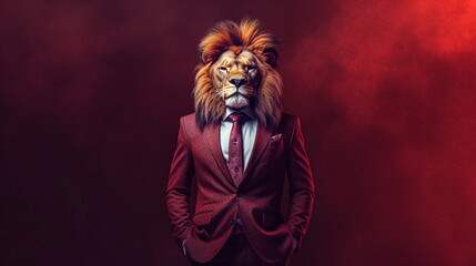 Fashion portrait of a lion in a suit and tie on a red background. Generative Ai illustration