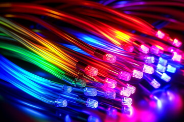 Fiber Optic cables with LED lights, closeup of photo