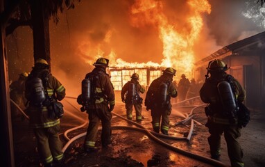 Firefighters fighting a fire in a burning building with smoke and flames, Generative AI