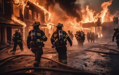 Fototapeta na wymiar Firefighters fighting a fire in a burning building with smoke and flames, Generative AI