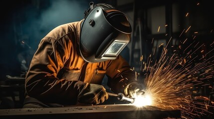 Welder in protective mask welding metal with sparks and smoke on dark background, Generative AI