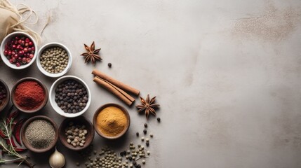 Spices and herbs in wooden spoons on white table background. Food and cuisine ingredients, Generative AI