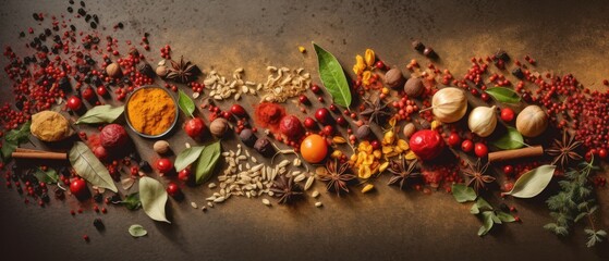 Spices and herbs in wooden spoons on dark background. Food and cuisine ingredients, Generative AI