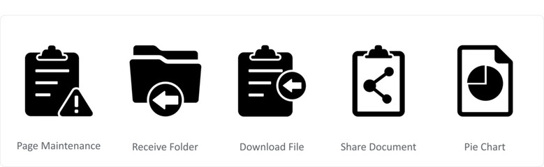 A set of 5 Document icons as page maintenance, receive folder, download file