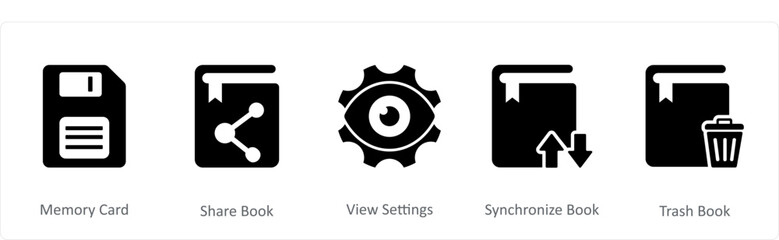 A set of 5 Document icons as memory card, share book, view settings 