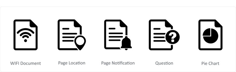 A set of 5 Document icons as wifi document, page location, page notification