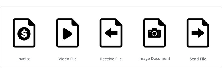 A set of 5 Document icons as invoice, video file, receive file