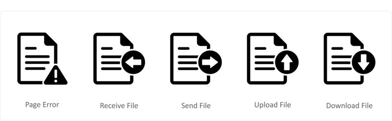 A set of 5 Document icons as page error, receive file, send file 