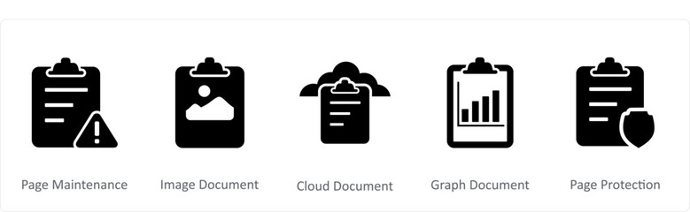 A set of 5 Document icons as page maintenance, image document, cloud document
