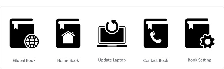 A set of 5 Document icons as global book, home book, update laptop