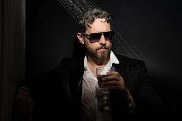 Problem solving. Man in suit in bathroom have problem business. Night problems. Man drink whiskey have problems with work. Alcohol and drugs problems. Tired problem business man under shower in bath.