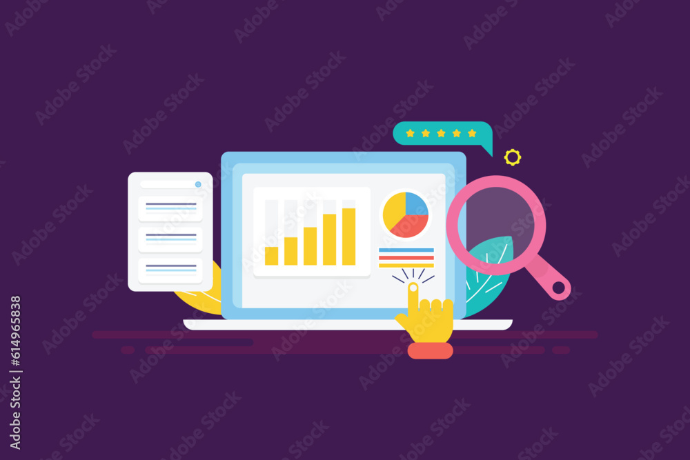 Aufkleber business person checking seo ranking and website report on analytics software dashboard, vector illu