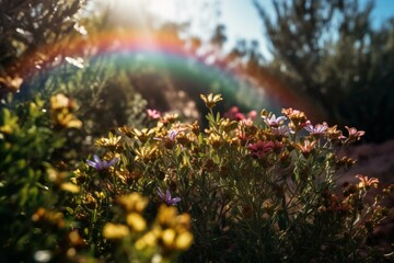 Lush setting of blooming flora, accentuated by a colorful rainbow. Generative AI