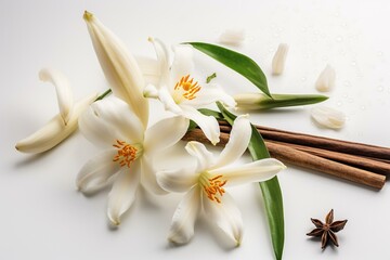 Fototapeta na wymiar Fresh vanilla flowers and stick on white background for ingredient label. Sweet-smelling, fragrant, aromatic. Generative AI
