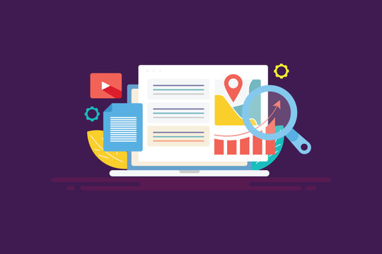 Search engine ranking contextual web link, business location and website traffic visitors' growth analytics, SEO traffic web banner vector illustration. 