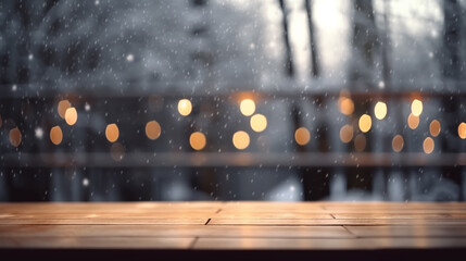 Empty Wooden table in home room covered with snow