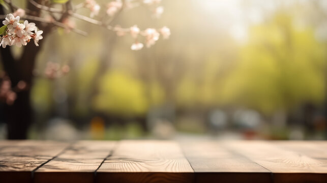 Empty Wooden table in coffee shop of spring time blurred background