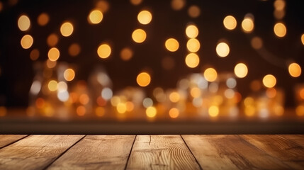 Empty Wooden table with blurred bokeh lights background