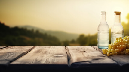 wooden Table background and free space for your food or bottle with landscape of sunset time